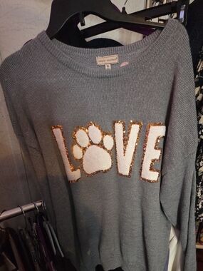 Simply Southern Gray Crewneck Sweater with White LOVE and Gold Sequin Paw